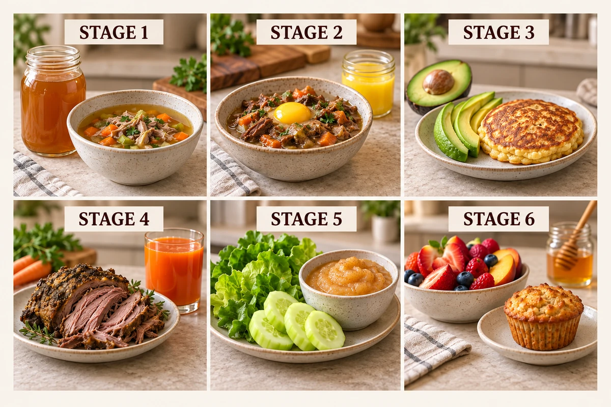 Six panels showing a food cue for each stage of the GAPS Introduction Diet.