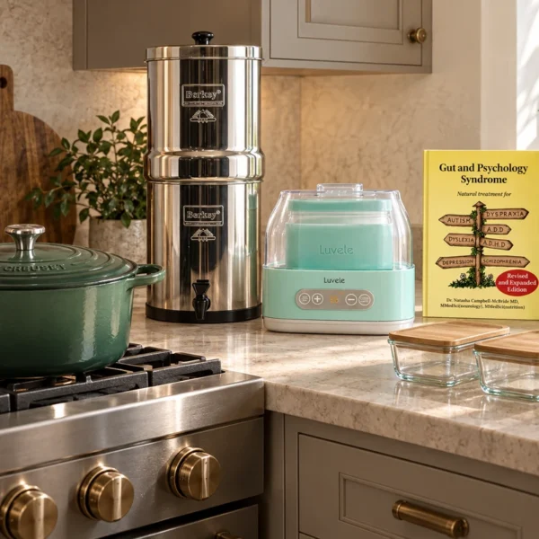 Artichaut Dutch oven, Berkey, Luvele yogurt maker, GAPS books, and glass prep containers in the WFLI kitchen.