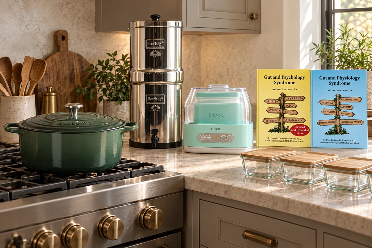 Artichaut Dutch oven, Berkey, Luvele yogurt maker, GAPS books, and glass prep containers in the WFLI kitchen.