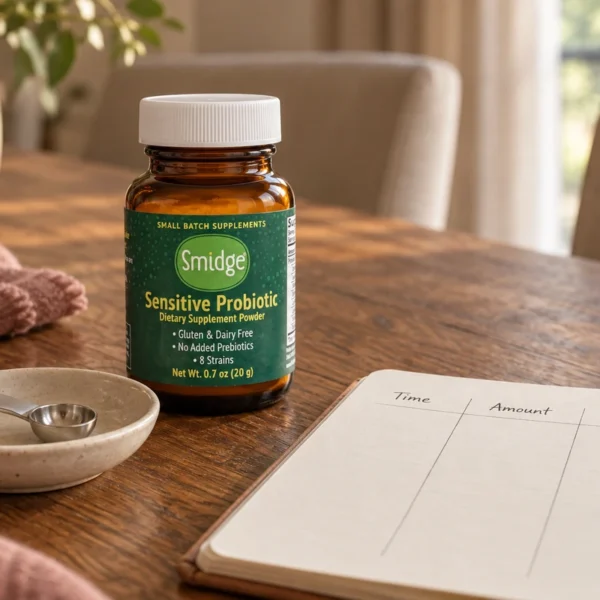 Smidge probiotic powder beside an empty measuring spoon and a blank time, amount, and response journal on a walnut table.