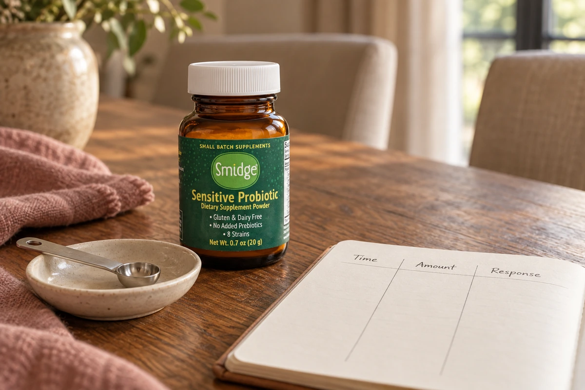 Smidge probiotic powder beside an empty measuring spoon and a blank time, amount, and response journal on a walnut table.