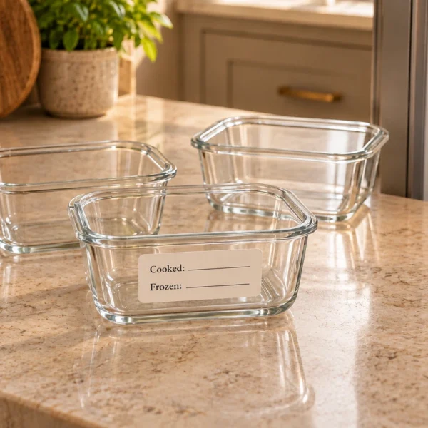 Three empty glass portion containers, one labeled with blank cooking and freezing dates, beside an open refrigerator.