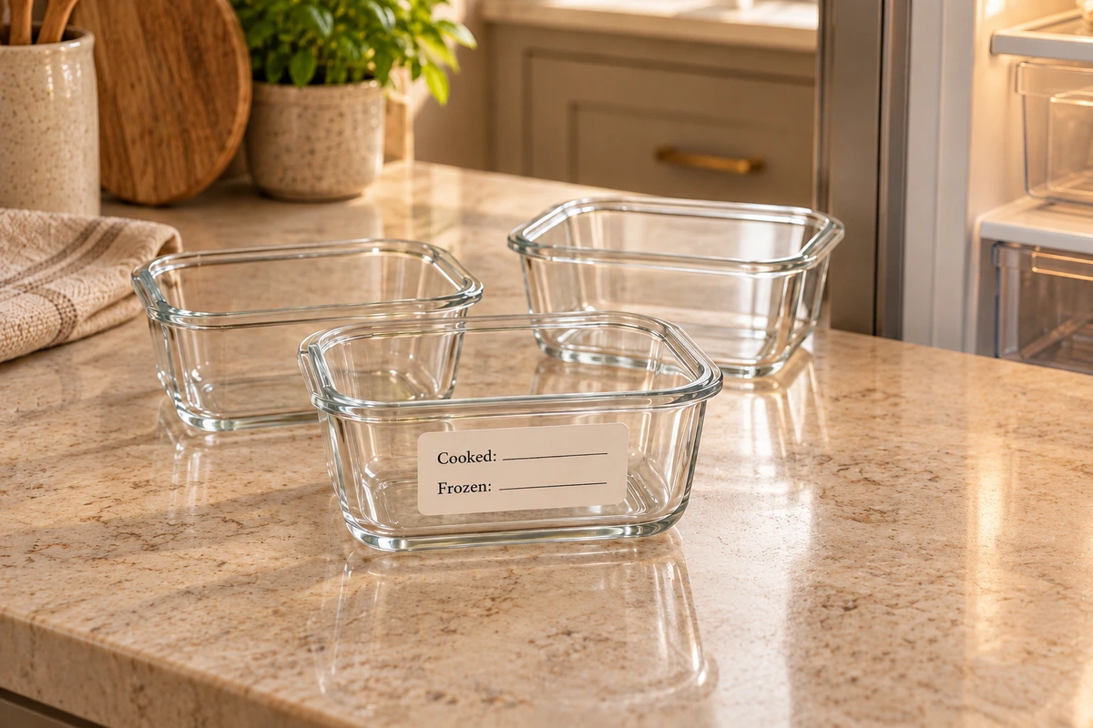 Three empty glass portion containers, one labeled with blank cooking and freezing dates, beside an open refrigerator.