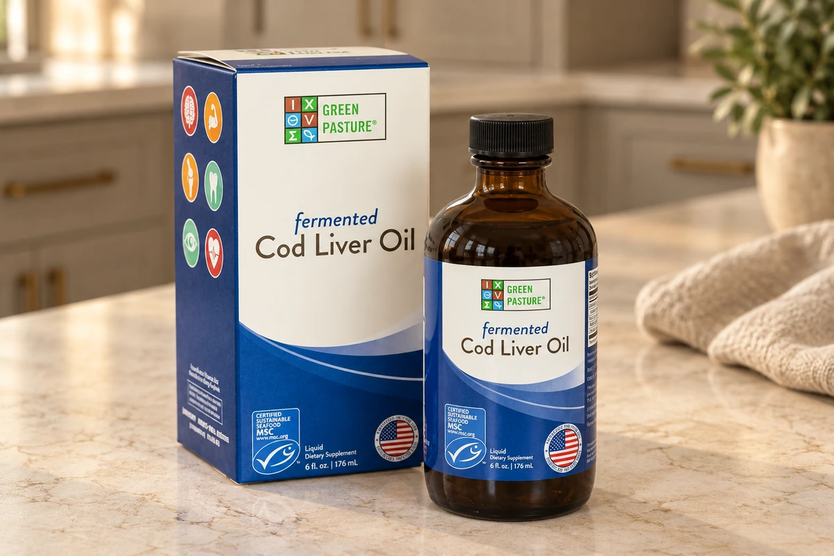 A closed Green Pasture fermented cod liver oil bottle and its carton on a cream stone surface.