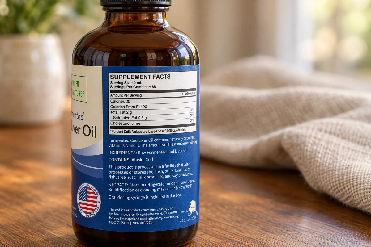 Close view of the ingredient and Alaska cod statement on a Green Pasture cod liver oil bottle.