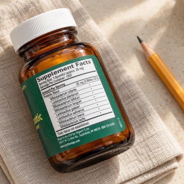 The Supplement Facts panel of a Smidge probiotic bottle lying on linen beside a pencil.