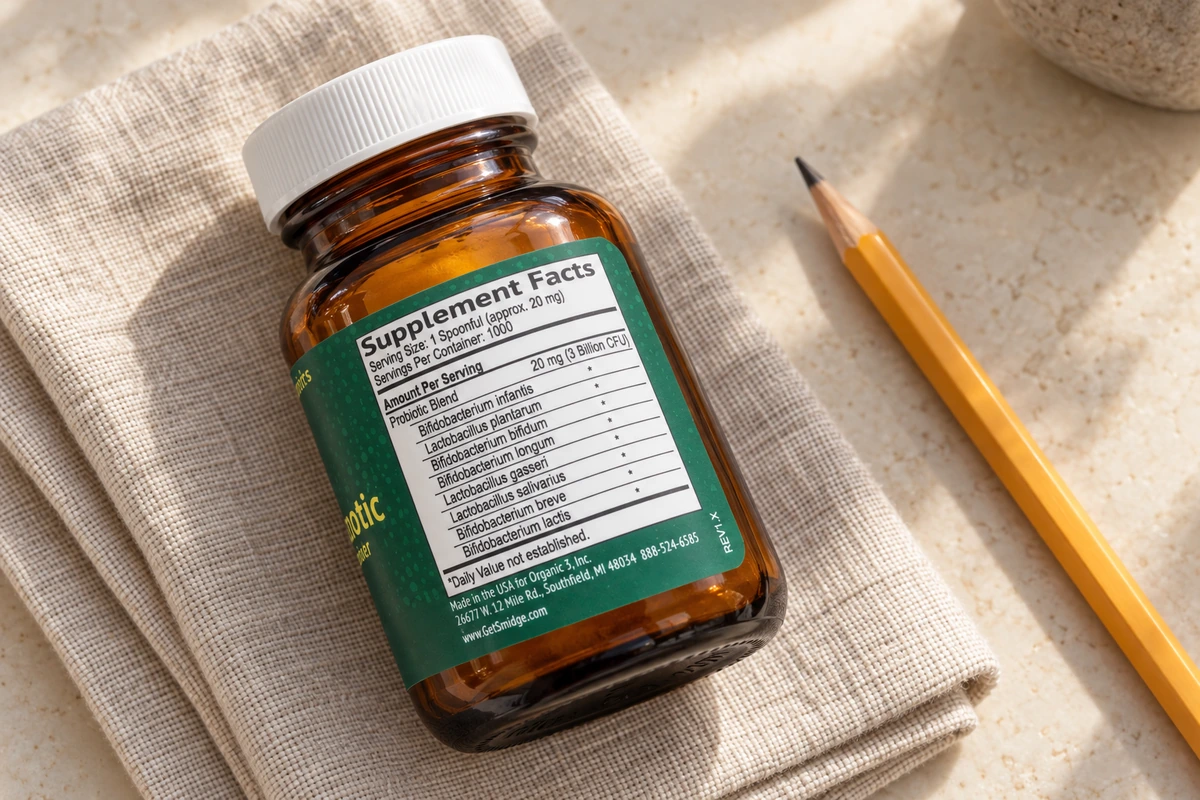 The Supplement Facts panel of a Smidge probiotic bottle lying on linen beside a pencil.