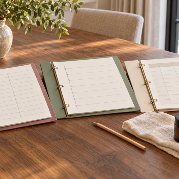 Three separate blank mauve, sage, and cream tracking folders beside natural cotton and an amber skin-care jar on the WFLI table.
