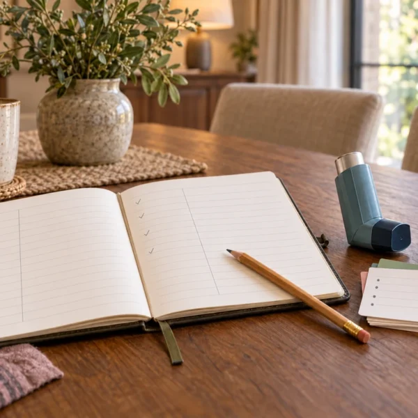 An unbranded inhaler and amber bottle beside a blank family symptom notebook, index cards, and pencil on the WFLI walnut table.