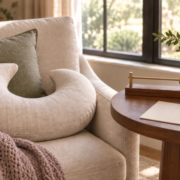 A warm nursing chair with a nursing pillow, clock, and blank planning card in the WFLI home.