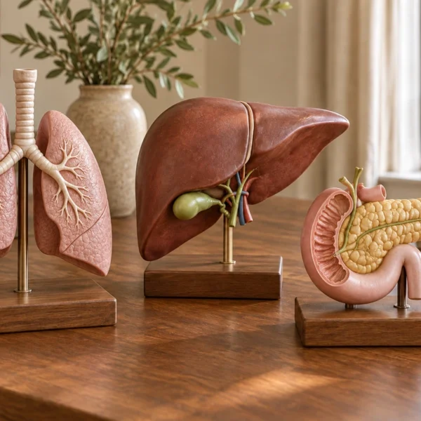 Three teaching models showing paired lungs, liver and gallbladder, and pancreas with duodenum on wooden bases.
