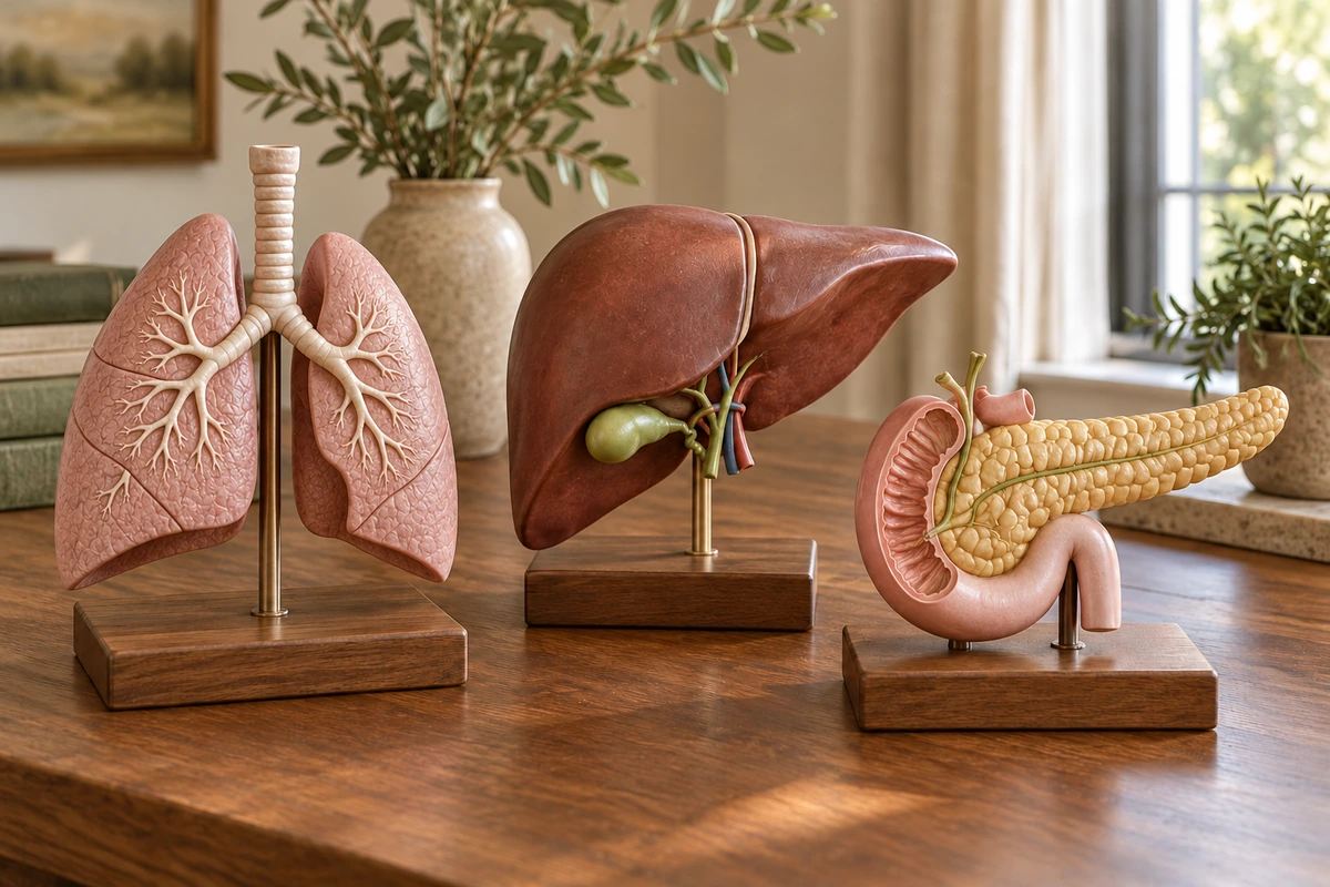 Three teaching models showing paired lungs, liver and gallbladder, and pancreas with duodenum on wooden bases.