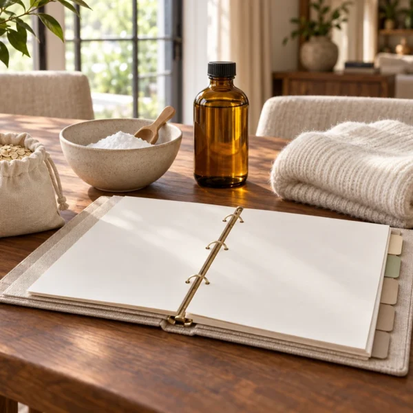 A blank linen guide binder beside an oat pouch, bicarbonate bowl, amber oil bottle, superfine wool, and honey on the WFLI table.