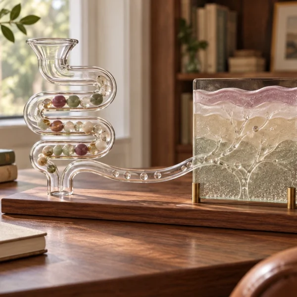 A clear coiled digestive model connected to a layered glass skin panel with branching channels on a WFLI study desk.