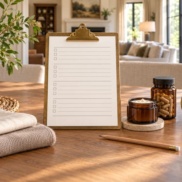 A blank ruled checklist beside natural fabric swatches, amber topical and probiotic jars, a pencil, and a numeral-free clock.