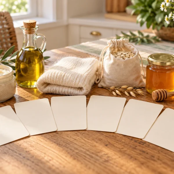 Six blank question cards beside unlabeled home skin-care jars, oil, superfine wool, an oat pouch, honey, and a probiotic bottle.