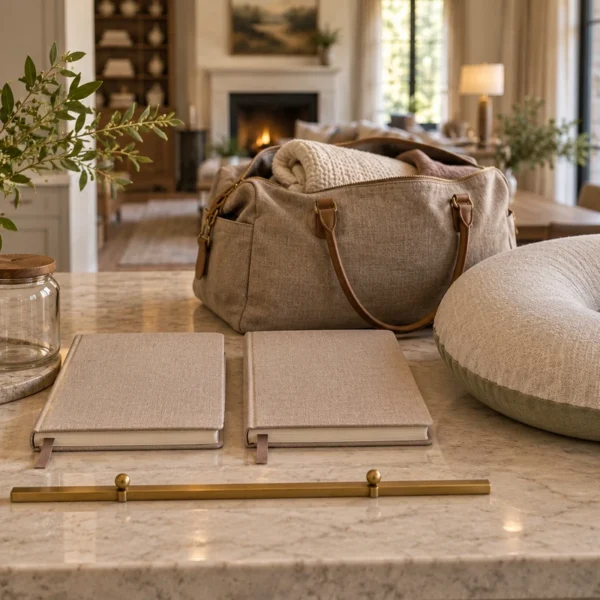A prepared baby bag, nursing pillow, two planning journals, and glass containers in the WFLI home.