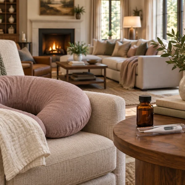 A dusty-mauve nursing pillow beside an unlabeled amber bottle, glass thermometer, folded linen, and brass clock in the WFLI living room.