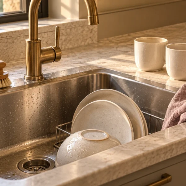 Wooden dish brush, cream ceramic dishes and mauve drying cloth beside a stainless kitchen sink.