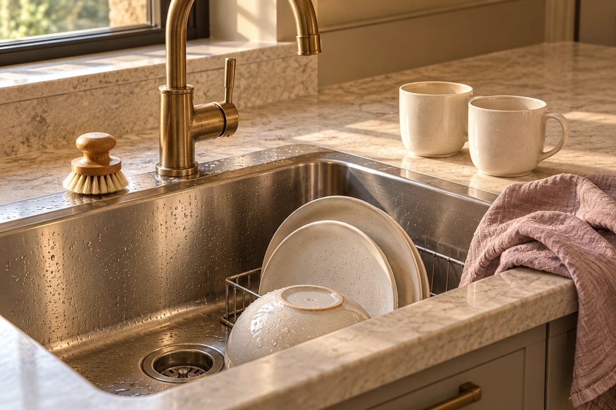 Wooden dish brush, cream ceramic dishes and mauve drying cloth beside a stainless kitchen sink.