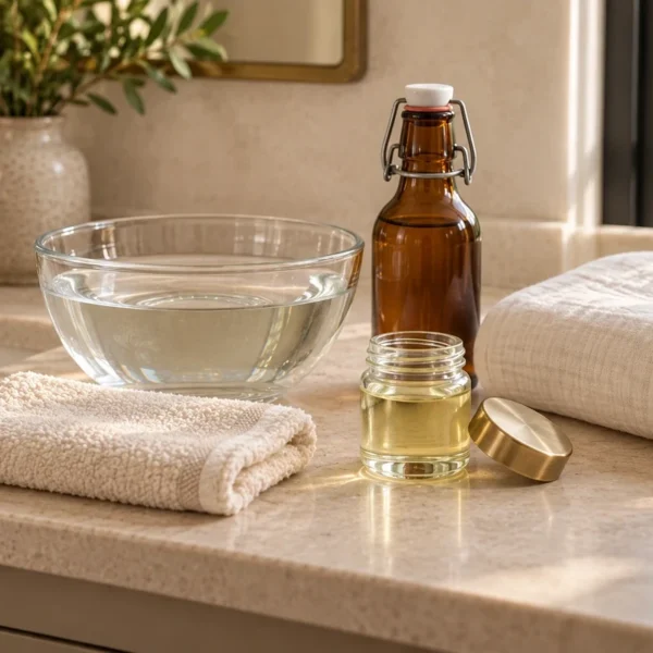 Water bowl, washcloth, small oil jar, amber bottle and folded linen on a bathroom vanity.