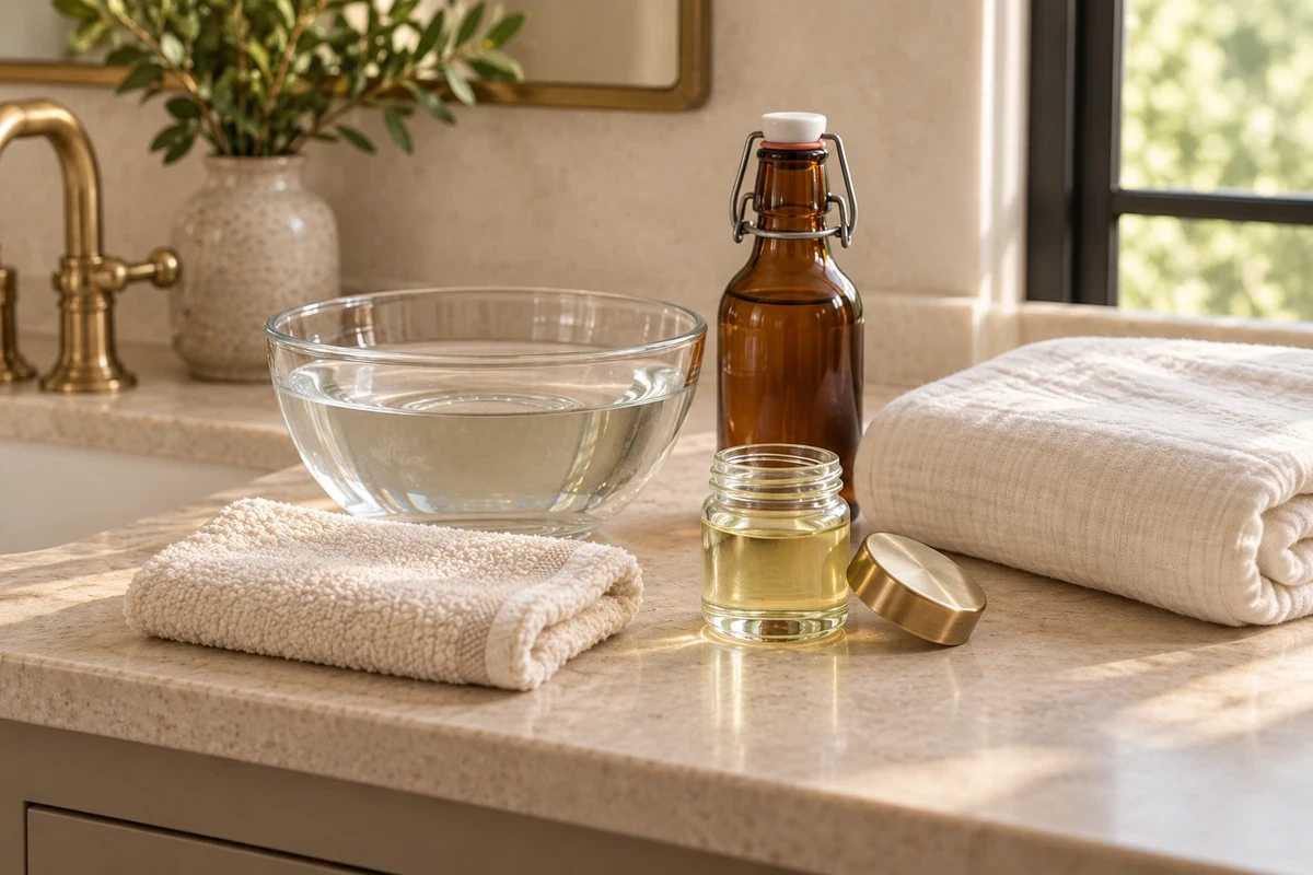 Water bowl, washcloth, small oil jar, amber bottle and folded linen on a bathroom vanity.