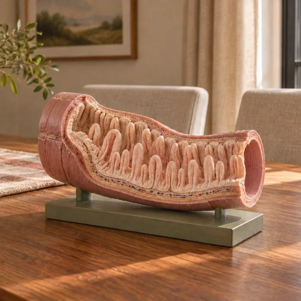 A physical small-intestine teaching model with its folded lining visible on a sage base.