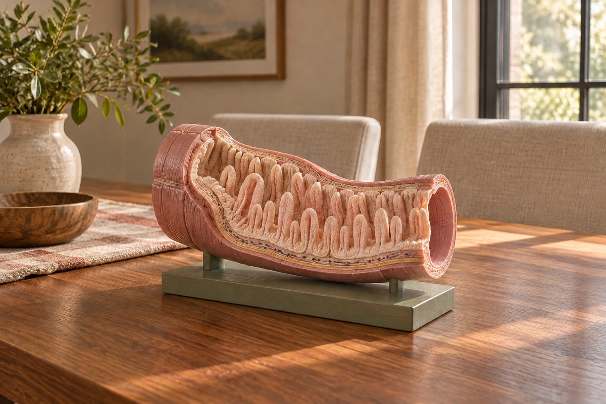 A physical small-intestine teaching model with its folded lining visible on a sage base.