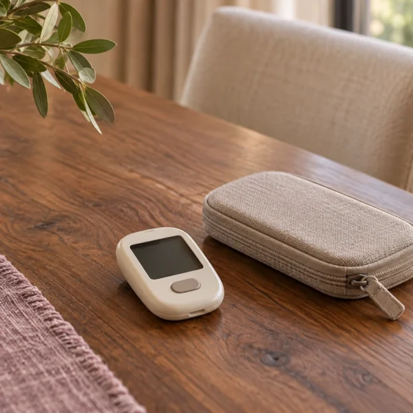 A switched-off unbranded glucose meter beside its zipped linen case on the WFLI walnut table.