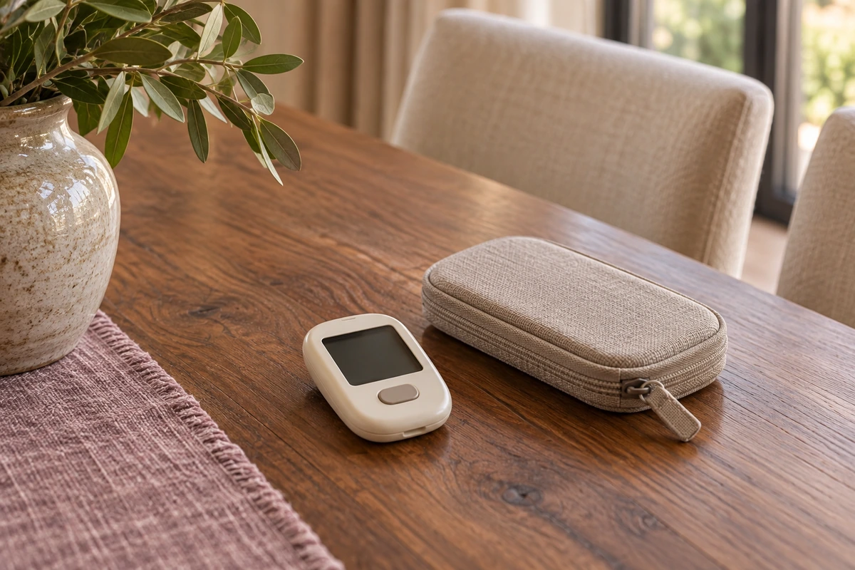 A switched-off unbranded glucose meter beside its zipped linen case on the WFLI walnut table.