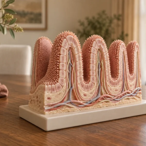 An enlarged physical teaching model of intestinal villi and their surface cells on a cream base.
