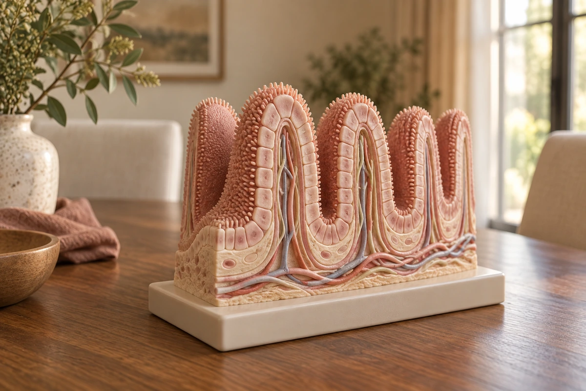 An enlarged physical teaching model of intestinal villi and their surface cells on a cream base.
