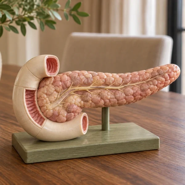 A physical pancreas teaching model with a C-shaped duodenal segment on a sage base.