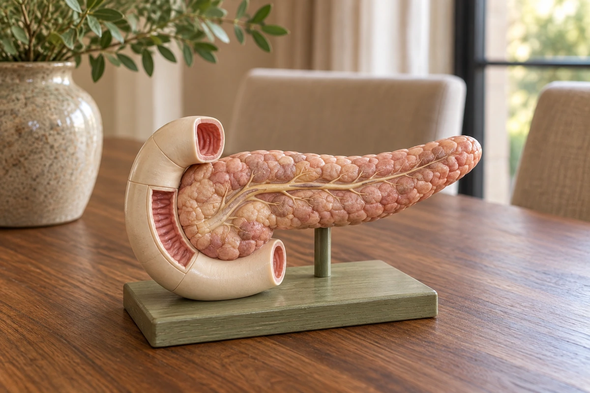 A physical pancreas teaching model with a C-shaped duodenal segment on a sage base.