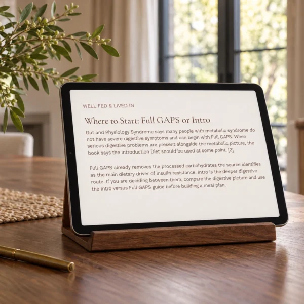 A supported tablet showing the actual Full GAPS or Intro starting-route article excerpt.