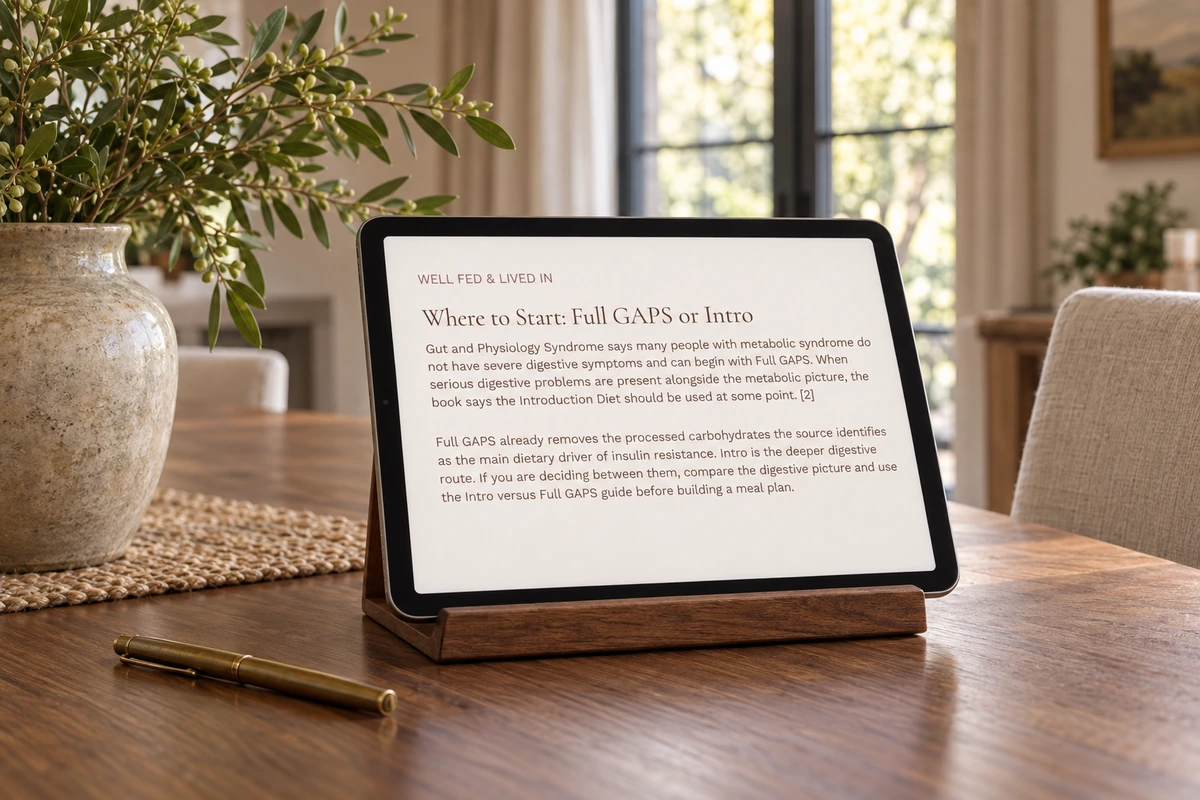 A supported tablet showing the actual Full GAPS or Intro starting-route article excerpt.
