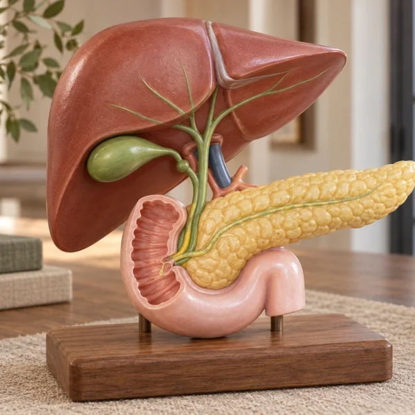 Teaching model of the liver, gallbladder, pancreas and C-shaped duodenum on a wooden base.