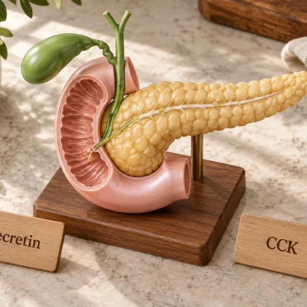 Digestive teaching model with wooden placards labeled Secretin and CCK.