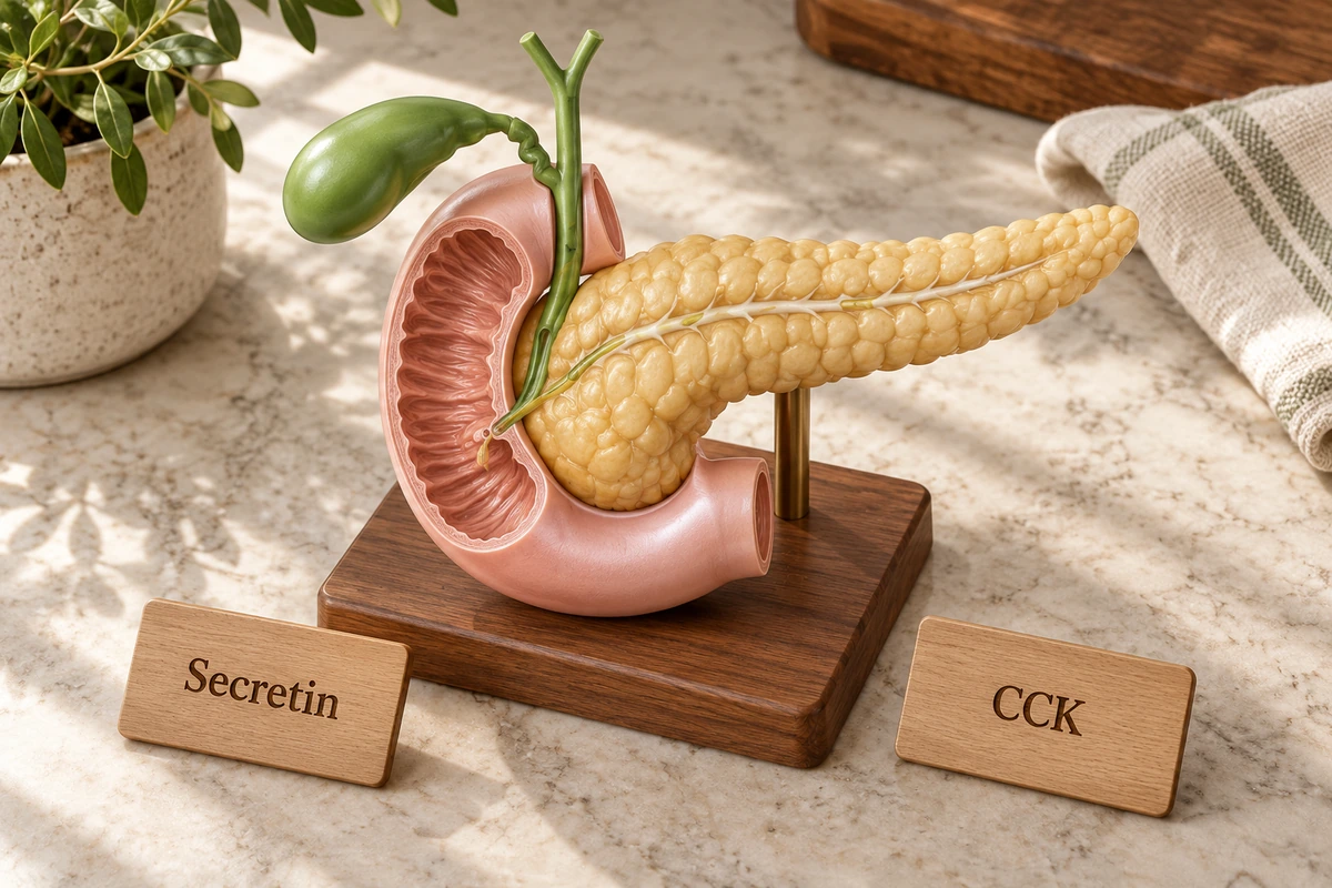 Digestive teaching model with wooden placards labeled Secretin and CCK.