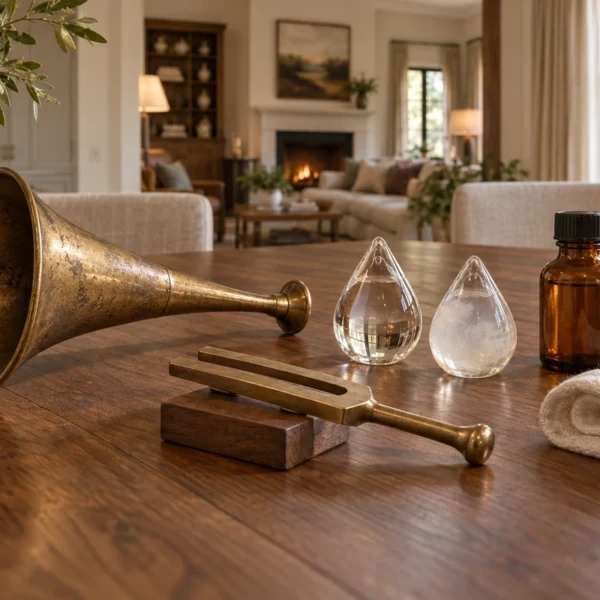 A vintage brass ear trumpet, tuning fork, clear and cloudy glass droplets, amber bottle, and folded linen on a WFLI walnut table.