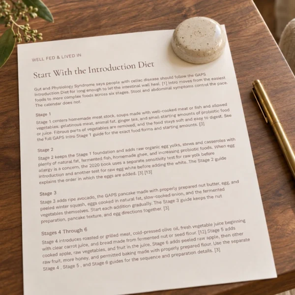 The actual celiac Introduction Diet article section printed on cream paper with a resting brass pen.