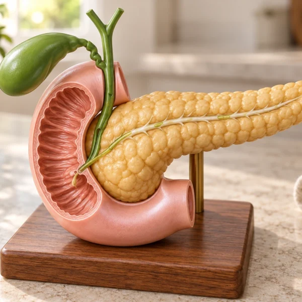 Close view of the C-shaped duodenum, pancreatic head and bile ducts on a teaching model.