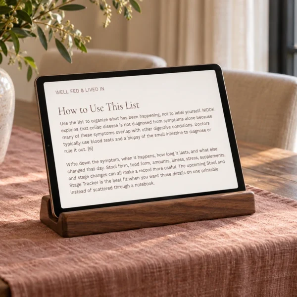 A supported tablet displaying the actual How to Use This List celiac article section.