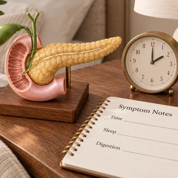 Digestive teaching model beside a clock and a notebook with blank Time, Sleep and Digestion prompts.