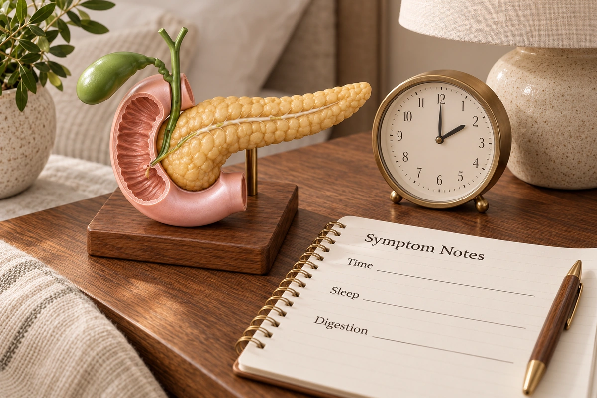Digestive teaching model beside a clock and a notebook with blank Time, Sleep and Digestion prompts.
