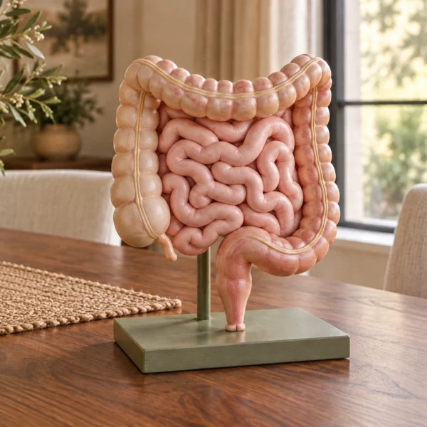 A physical teaching model showing the small intestine within the large-intestine frame on a sage base.
