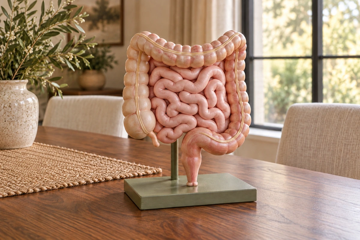 A physical teaching model showing the small intestine within the large-intestine frame on a sage base.