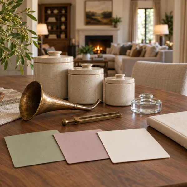 An ear trumpet, tuning fork, closed ceramic pantry canisters, glass fermentation weight, blank decision cards, and closed planner on the WFLI dining table.