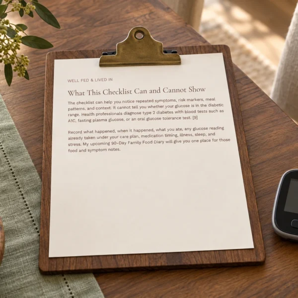 The actual diabetes checklist article excerpt on a walnut clipboard beside a switched-off glucose meter.