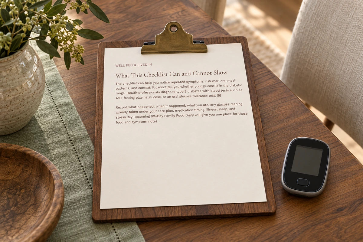 The actual diabetes checklist article excerpt on a walnut clipboard beside a switched-off glucose meter.